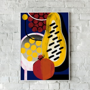 Still life with Papaya Original Illustration Print, Wall Art, Printed Geometric Poster, Home Decor image 1