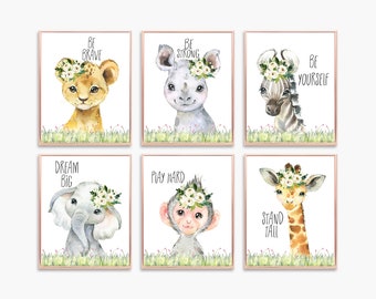 Safari, Wall Art, Safari animals, Baby animals, Nursery, Zoo animals, Elephant, Zebra, Lion, Giraffe, Baby gift, baby shower, wall art