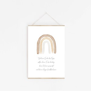 May include: A watercolour painting of a rainbow in shades of brown, beige, and white. The rainbow is centred on a white background with a quote in German below it: "Und am Ende des Tages sollen deine Fu&szlig;e dreckig, deine Haare zerzaust und deine Augen leuchtend sein."