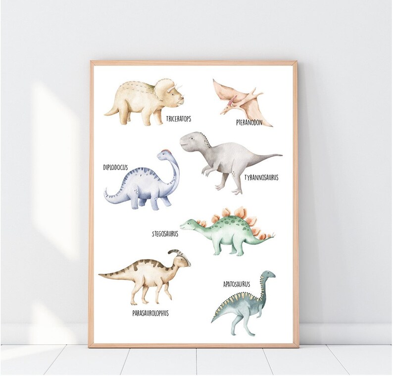 May include: A framed print featuring watercolor illustrations of various dinosaurs, including Triceratops, Pteranodon, Diplodocus, Tyrannosaurus, Stegosaurus, Parasaurolophus, and Apatosaurus. Each dinosaur is labeled with its name in a clean, white font. The frame is a light wood color.
