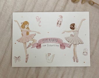 May include: A white card with a pink ribbon and the text "Einladung zum Geburtstag" in German. Two watercolor illustrations of ballerinas in pink tutus are on either side of the ribbon.