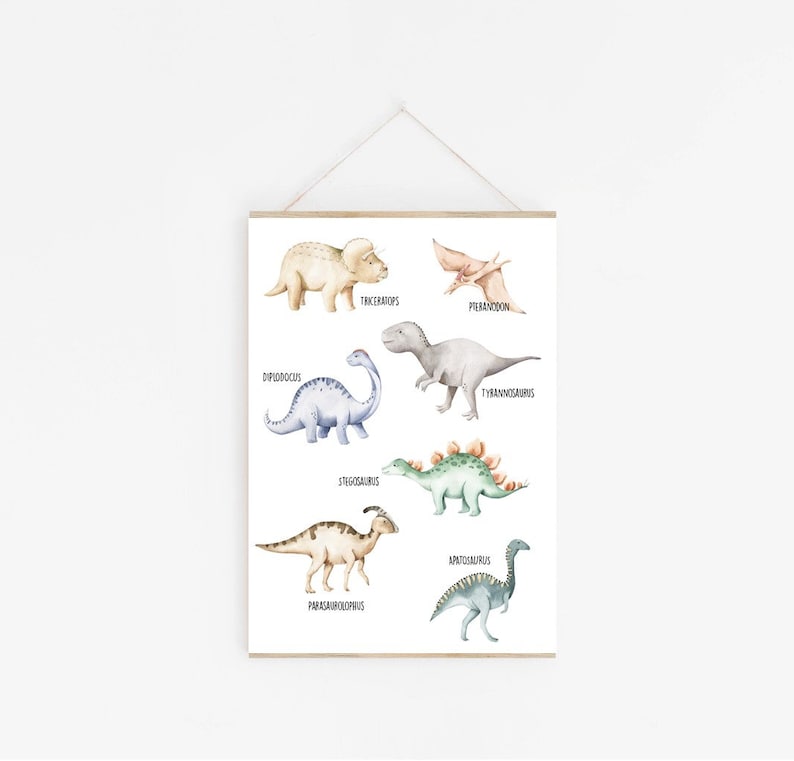 May include: A framed print featuring watercolor illustrations of various dinosaurs, including Triceratops, Pteranodon, Diplodocus, Tyrannosaurus, Stegosaurus, Parasaurolophus, and Apatosaurus. Each dinosaur is labeled with its name in a clear font.
