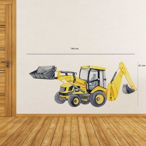 May include: A watercolour illustration of a yellow backhoe loader, 144 cm wide and 61 cm high, on a white wall. The construction vehicle has a black bucket and tyres. A wooden door and a small table with red flowers are in the background.