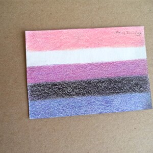 May include: A hand-drawn illustration of a genderqueer pride flag. The flag has five horizontal stripes: pink, white, purple, black, and blue. The flag is signed "Dana Jamison 2022".