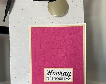 Hot Pink Embossed Birthday Card, Handmade Bright Fuchsia Note Card, Elegant bday