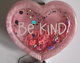 Be Kind Shaker, Badge Reels, Heart shaped badge holder, Pink Heart, Iridescent Glitter Heart