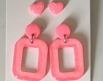 Pink Glitter Resin Earring Set | Heart Studs & Dangles
