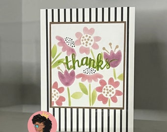 Pinstriped Thanks || Thank you || Greeting cards || Floral patterns || Pinstriped || black and white