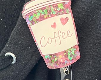 Coffee Cup Badge Reel, Cute Badge Reels, Neon Cup colors, Resin Badge Holders, Custom Reels