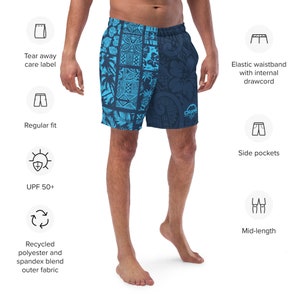 Men&#39;s Hawaiian Style UPF50+ Swim Suit Hawaiian style patchwork Swim Trunks with Mesh Liner