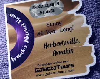 GalactaTours Galactic Travel Luggage Stickers-Frank's Market House Arrakis-MADE IN USA-water bottle-laptop-phone-notebooks-cups