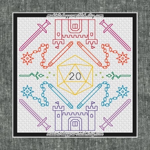 Puede incluir: Un patrón de punto de cruz con un dado de 20 caras, dos castillos, espadas, cadenas y otros símbolos de fantasía. El patrón está en un arcoíris de colores sobre un fondo blanco.