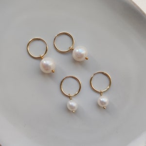 14K Dainty pearl hoop earring/High luster pearl/14K gold filled pearl hoop/handmade earring/15mm Hoop