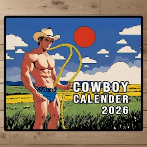 Calendrier COWBOY 2026 pour EVJF, jeu à boire, enterrement de vie de jeune fille, jeux de douche nuptiale, cadeau amusant, cartes gay, gâteau au boeuf