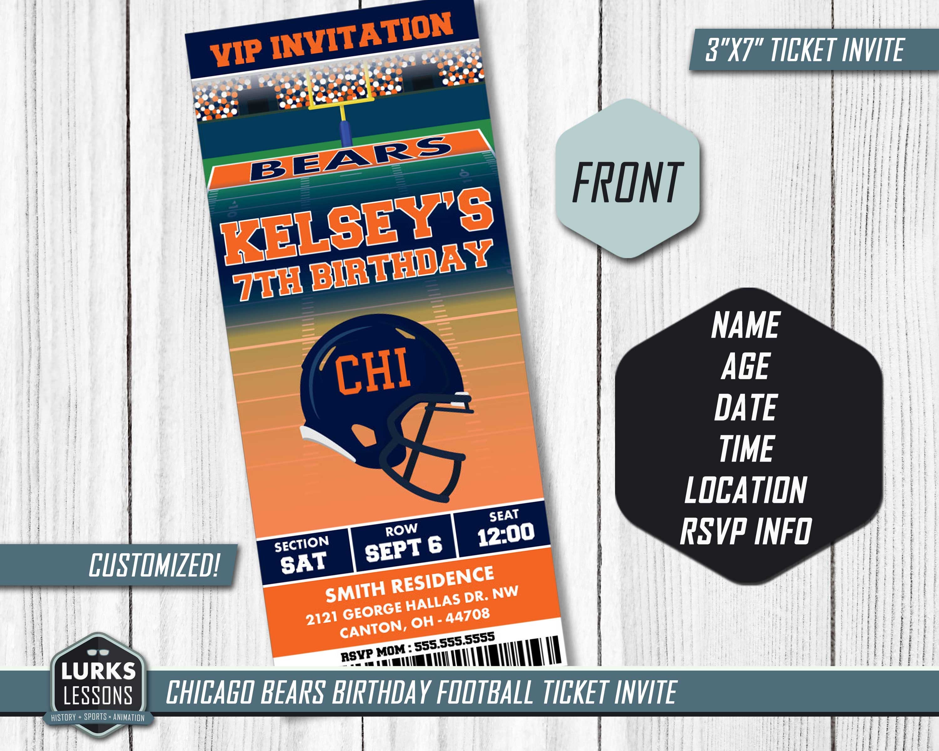 Chicago Bears Themed Birthday Ticket Invite Digital Download Football