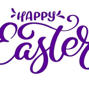 May include: Purple handwritten text that says "Happy Easter" with a flourish at the end of "Happy".