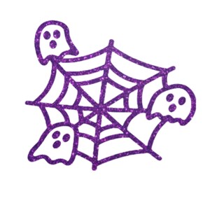 May include: A purple glittery Halloween-themed graphic featuring a spider web and three ghost figures. The web is in the center, with the ghosts surrounding it. The design is on a white background.