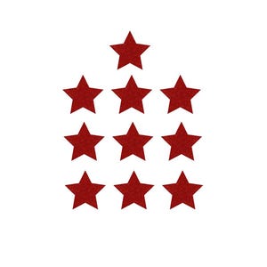 May include: Ten red glitter star-shaped stickers arranged in a pyramid formation on a white background. The stars are a deep red color and have a sparkly texture, creating a festive and eye-catching design. Ideal for crafts and decorations.
