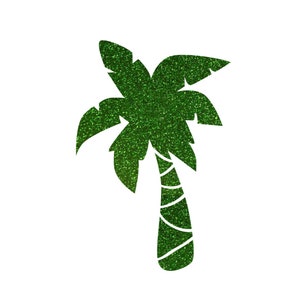 May include: A green glitter palm tree silhouette against a white background. The palm tree has a detailed trunk and leaves, with a sparkling texture. The design is simple and eye-catching, perfect for tropical-themed crafts or decorations.