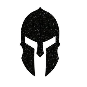 May include: Black Spartan helmet silhouette with a glittery texture.