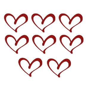 May include: Nine red glitter hearts, each with a slightly different shape, are arranged in three rows of three hearts.