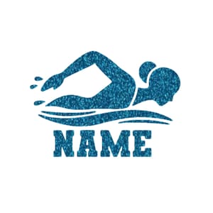 May include: A blue glitter design of a swimmer in the freestyle stroke, with the word "NAME" in bold letters below. The swimmer is depicted with a streamlined body and flowing water details, perfect for swim team apparel.