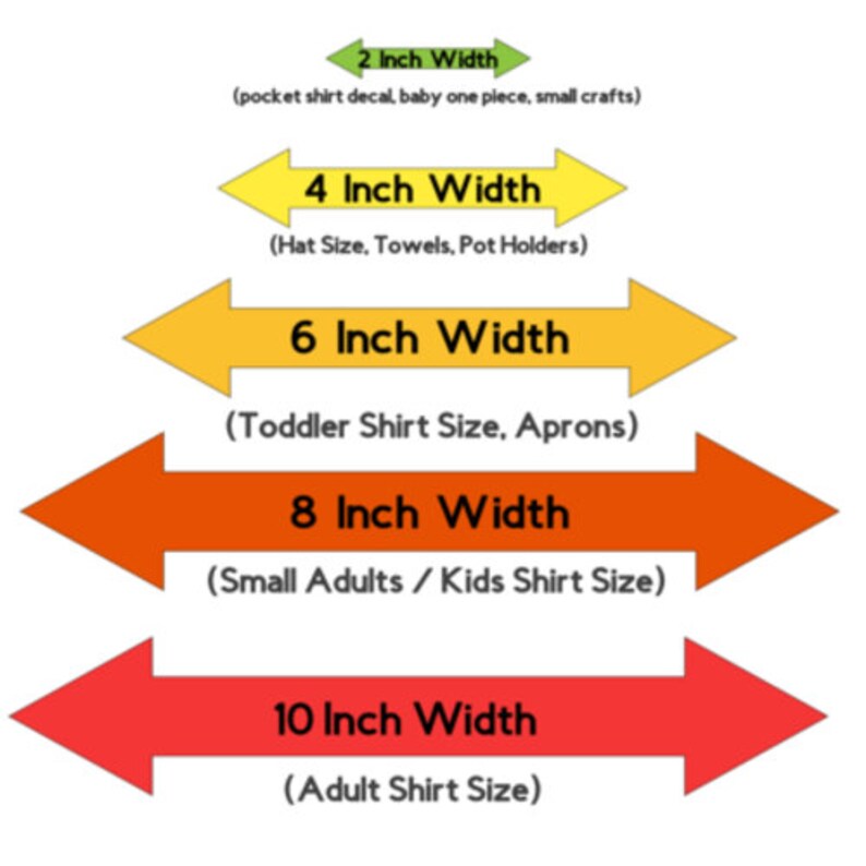 Bleacher Spirit Shop Sizing Chart for iron on decal. 
Sizing Chart: Measurements in width (across from left to right)
4 inches: 3-6 Mon
5 inches: 6-12 mon
6 inches: 2t - 5t
7 inches: Youth Shirts 
8 inches: Smaller Adult 
9 & 10 Inches: Large Adult