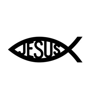 May include: Black and white silhouette of a fish with the word "JESUS" inside the outline.