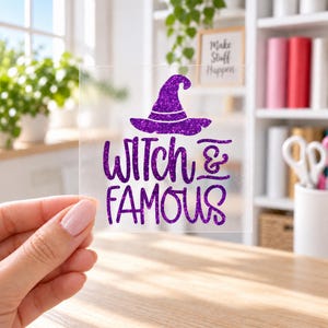 Witch and Famous Iron On Transfer, Halloween Shirt Decal, Solid or Glitter Vinyl
