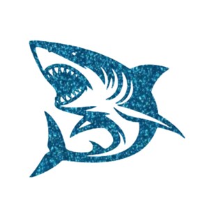 May include: A blue glitter shark illustration with an open mouth, revealing sharp teeth. The shark is depicted in a side profile, with fins and a tail. The design is against a white background.