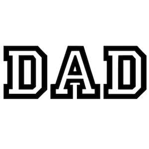 May include: Bold black and white graphic of the word "DAD". The letters are in a block style with a white outline, set against a clean white background. Ideal for apparel or gifts.