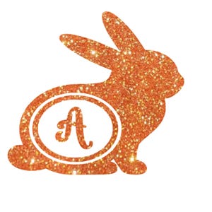 May include: Orange glitter bunny silhouette with a circle containing the letter A in the center.