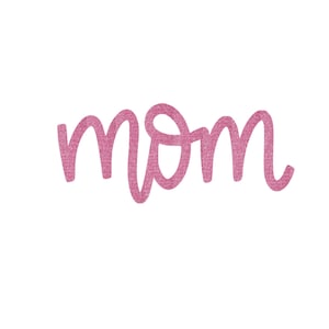 May include: A pink glittery word "mom" in a cursive font, set against a white background. The letters are connected, creating a flowing, elegant design. The image is simple and clean.