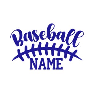 May include: A blue graphic design on a white background. The word "Baseball" is written in a cursive font above a stylized baseball with the word "NAME" in a block font.