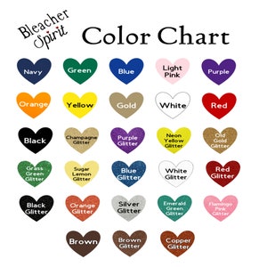 Color chart showing 28 colors including classic primary colors and glitter options by bleacher spirit