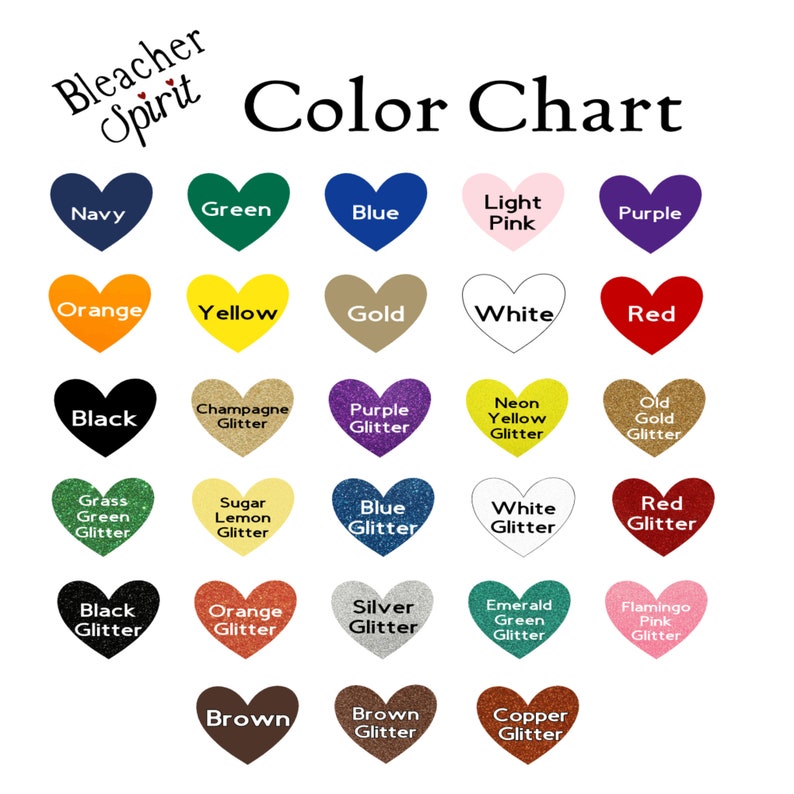 Color chart showing 28 colors including classic primary colors and glitter options by bleacher spirit