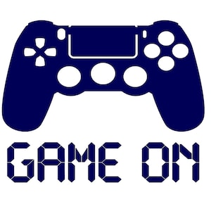 May include: A blue video game controller with the text "GAME ON" displayed in a digital font.