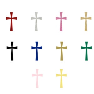 May include: Set of 12 cross shapes in various colors, including red, silver, pink, gold, black, blue, green, and white. The crosses are all the same size and shape, and they are arranged in a grid pattern.