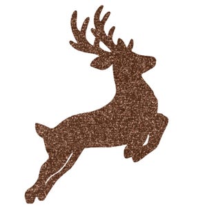 May include: A brown glittery reindeer silhouette leaping across a white background. The reindeer has large antlers and is depicted in a dynamic pose, suggesting movement. This image is suitable for holiday-themed crafts and decorations.