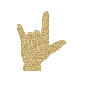 May include: A gold glitter hand sign making the 'I love you' hand gesture.