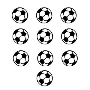 May include: Ten black and white soccer balls arranged in a pattern on a white background.