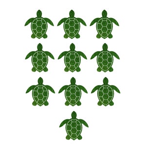 May include: Ten green glitter sea turtle stickers. The turtles are facing forward with their heads up and their flippers outstretched.