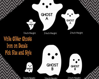 10 White Glitter Ghosts Iron On Decals, Pick Size & Style, Halloween Crafts, Halloween Decals, Ghost Decal, Spooky Halloween, Heat Transfer