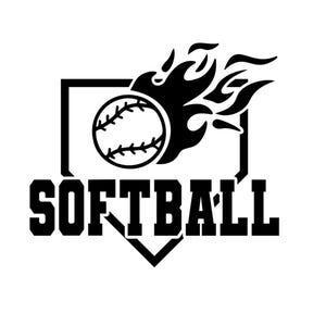 May include: Black and white softball graphic. A softball with stitching is on fire, with flames trailing behind it. The word "SOFTBALL" is in bold, block letters below a home plate shape.