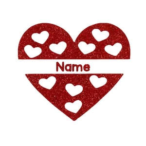 May include: Red glitter heart with white hearts cut out and the word "Name" in the center.