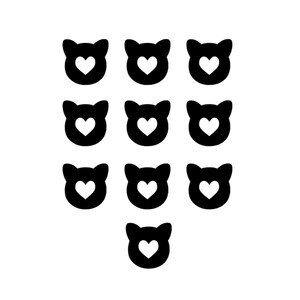 May include: A black and white illustration of ten cat faces with hearts inside. Each cat face has a simple, rounded shape with two ears and a heart in the center.