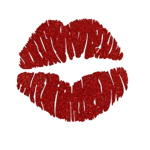 May include: A red glitter lip print on a white background. The lips are full and detailed, with a sparkling texture. The image is a close-up of the lips, emphasizing the shape and color.