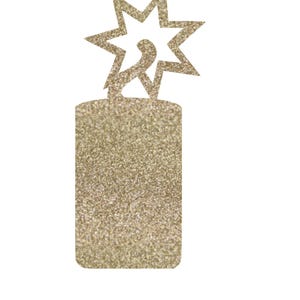 May include: A gold glitter party popper with a star-shaped top.