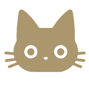 May include: A simple illustration of a brown cat's face with white eyes and a small nose.