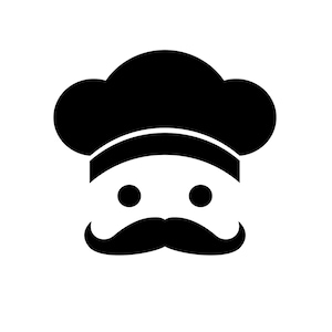 May include: Black and white illustration of a chef with a mustache and a chef's hat.